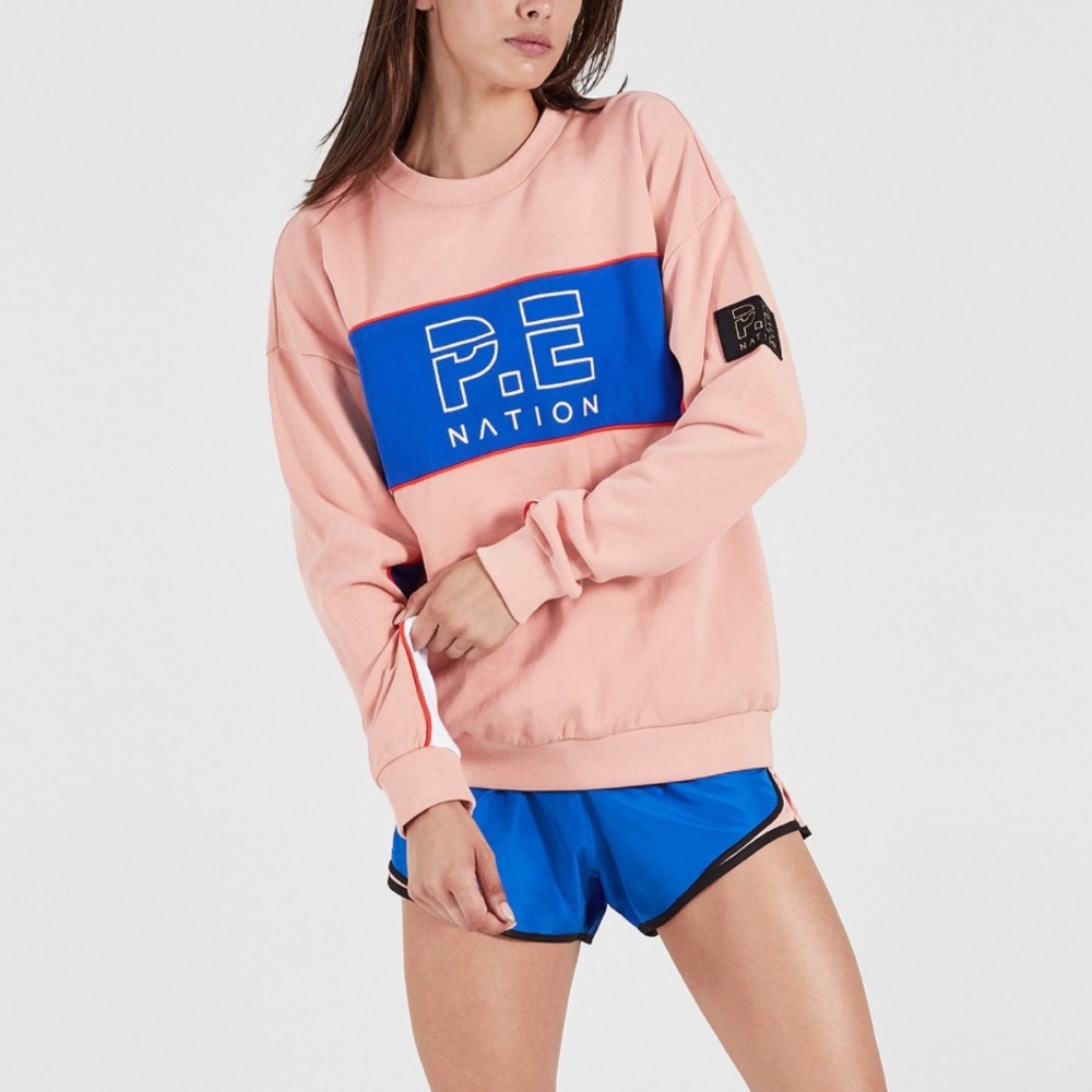 PE NATION  Apricot Pink with Blue colour blocking jumper preloved Size Small